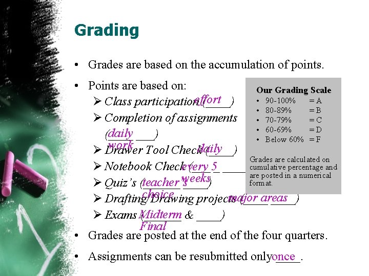 Grading • Grades are based on the accumulation of points. • Points are based