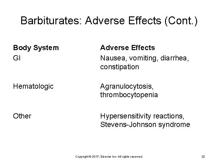 Barbiturates: Adverse Effects (Cont. ) Body System GI Adverse Effects Nausea, vomiting, diarrhea, constipation