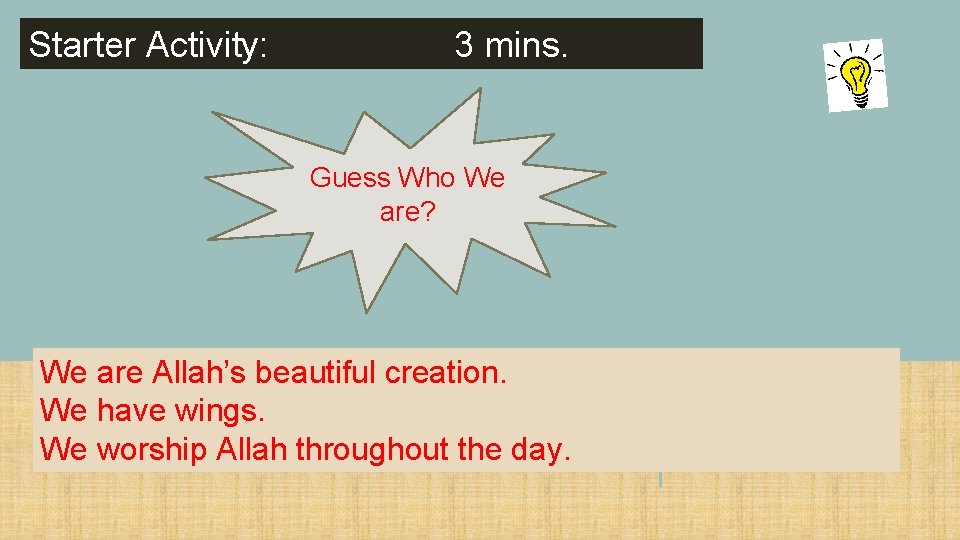 Starter Activity: 3 mins. Guess Who We are? We are Allah’s beautiful creation. We