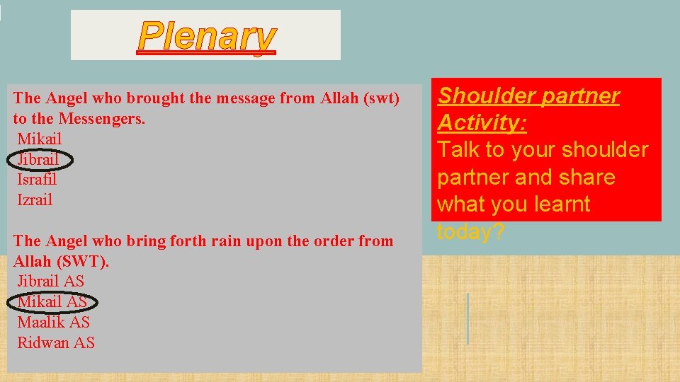Plenary The Angel who brought the message from Allah (swt) to the Messengers. Mikail