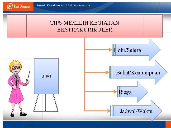 TIPS MEMILIH KEGIATAN EKSTRAKURIKULER Hobi/Selera LIHAT Bakat/Kemampuan Biaya Jadwal/Waktu 