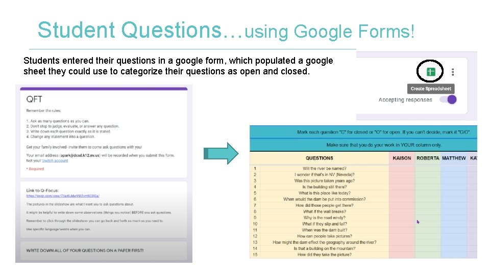 Student Questions…using Google Forms! Students entered their questions in a google form, which populated