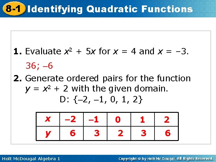 8 -1 Identifying Quadratic Functions 1. Evaluate x 2 + 5 x for x