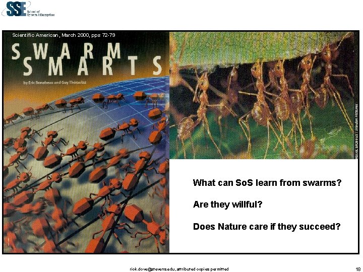 Scientific American, March 2000, pps 72 -79 What can So. S learn from swarms?