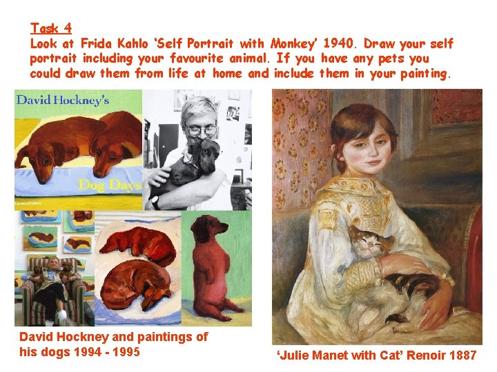 Task 4 Look at Frida Kahlo ‘Self Portrait with Monkey’ 1940. Draw your self