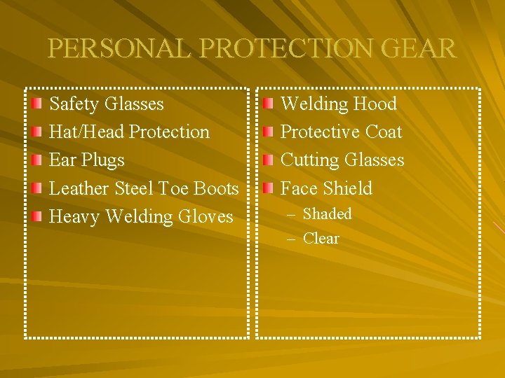 PERSONAL PROTECTION GEAR Safety Glasses Hat/Head Protection Ear Plugs Leather Steel Toe Boots Heavy