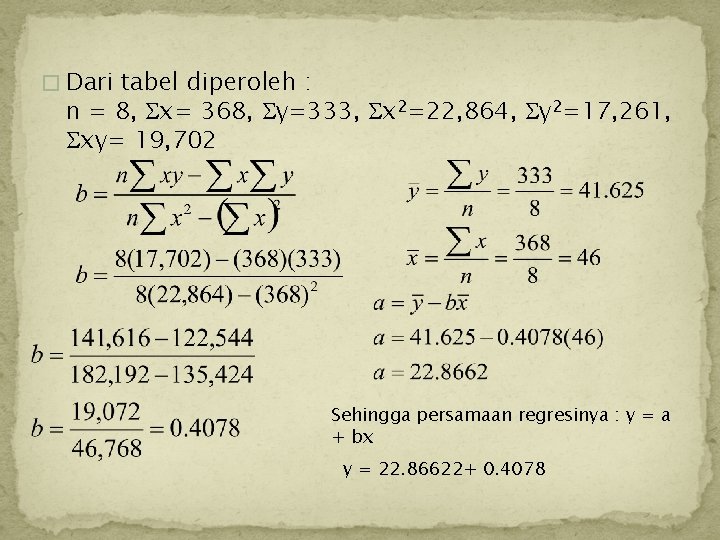 � Dari tabel diperoleh : n = 8, x= 368, y=333, x 2=22, 864,