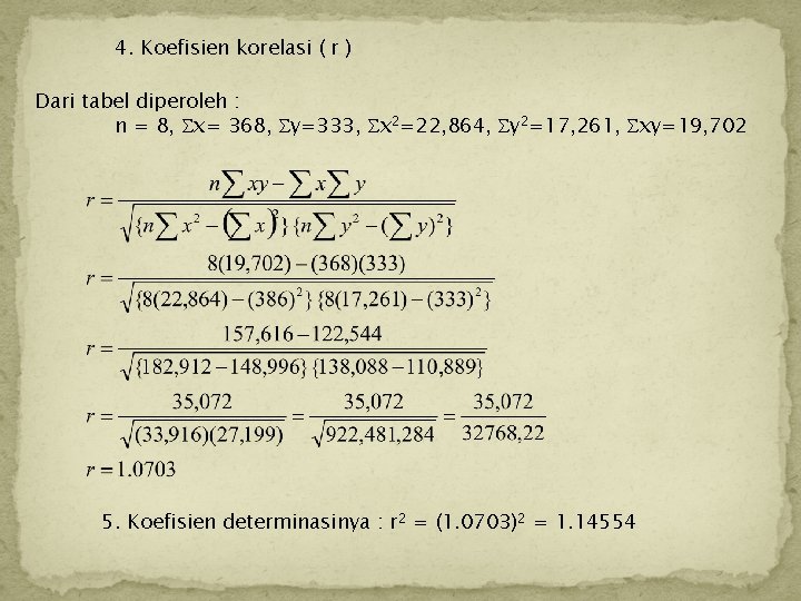 4. Koefisien korelasi ( r ) Dari tabel diperoleh : n = 8, x=