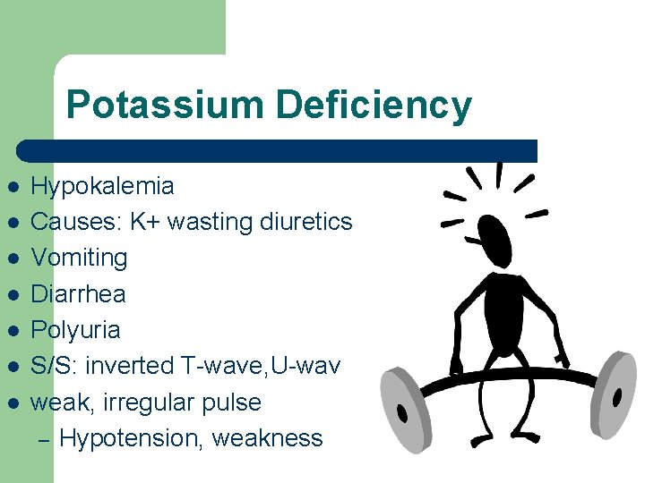 Potassium Deficiency l l l l Hypokalemia Causes: K+ wasting diuretics Vomiting Diarrhea Polyuria