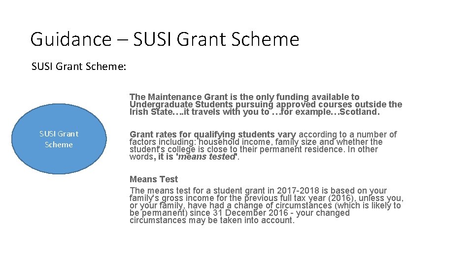 Guidance – SUSI Grant Scheme: The Maintenance Grant is the only funding available to