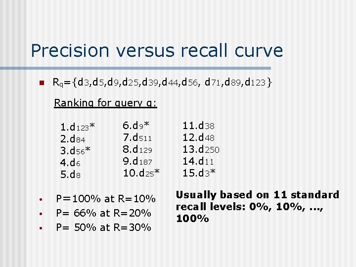 Precision versus recall curve n Rq={d 3, d 5, d 9, d 25, d