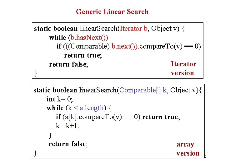 Generic Linear Search static boolean linear. Search(Iterator b, Object v) { while (b. has.
