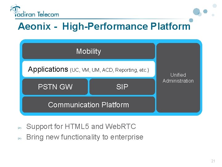 Aeonix - High-Performance Platform Mobility Applications (UC, VM, UM, ACD, Reporting, etc. ) PSTN Aeonix - High-Performance Platform Mobility Applications (UC, VM, UM, ACD, Reporting, etc. ) PSTN