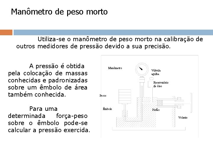 Manômetro de peso morto Utiliza-se o manômetro de peso morto na calibração de outros Manômetro de peso morto Utiliza-se o manômetro de peso morto na calibração de outros