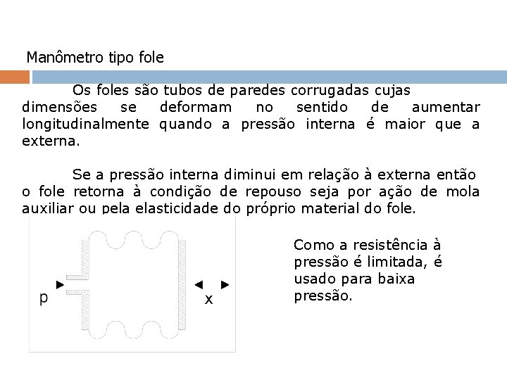 Manômetro tipo fole Os foles são tubos de paredes corrugadas cujas dimensões se deformam Manômetro tipo fole Os foles são tubos de paredes corrugadas cujas dimensões se deformam