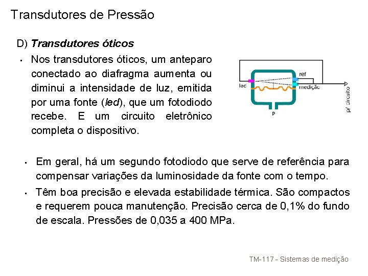 Transdutores de Pressão D) Transdutores óticos • Nos transdutores óticos, um anteparo conectado ao Transdutores de Pressão D) Transdutores óticos • Nos transdutores óticos, um anteparo conectado ao