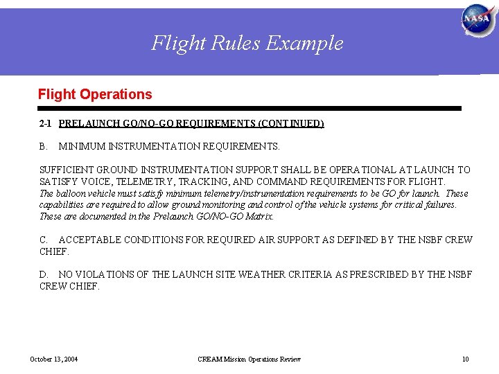 CREAM Mission Operations Review Procedures Training Flight Rules
