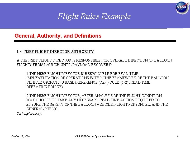 CREAM Mission Operations Review Procedures Training Flight Rules