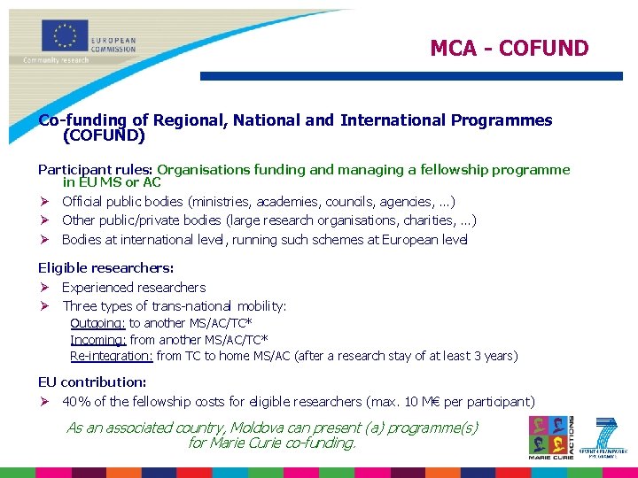 MCA - COFUND Co-funding of Regional, National and International Programmes (COFUND) Participant rules: Organisations