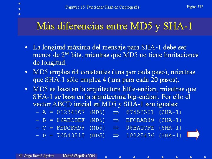 Página 735 Capítulo 15: Funciones Hash en Criptografía Más diferencias entre MD 5 y