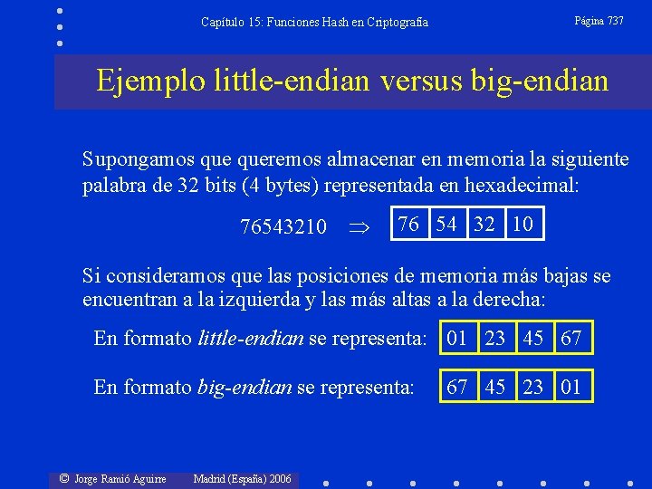 Página 737 Capítulo 15: Funciones Hash en Criptografía Ejemplo little-endian versus big-endian Supongamos queremos