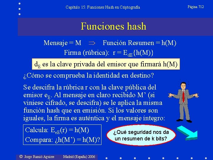 Capítulo 15: Funciones Hash en Criptografía Funciones hash Mensaje = M Función Resumen =