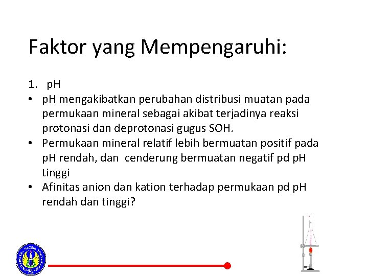 Faktor yang Mempengaruhi: 1. p. H • p. H mengakibatkan perubahan distribusi muatan pada