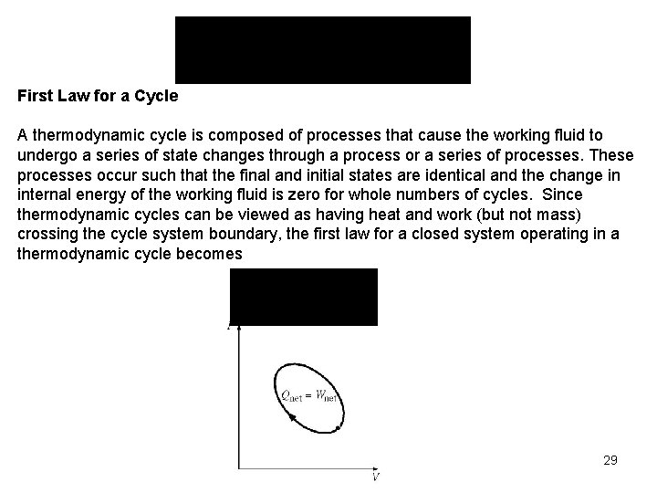 First Law for a Cycle A thermodynamic cycle is composed of processes that cause