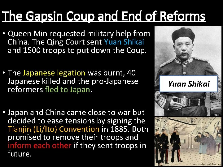 The Gapsin Coup and End of Reforms • Queen Min requested military help from The Gapsin Coup and End of Reforms • Queen Min requested military help from