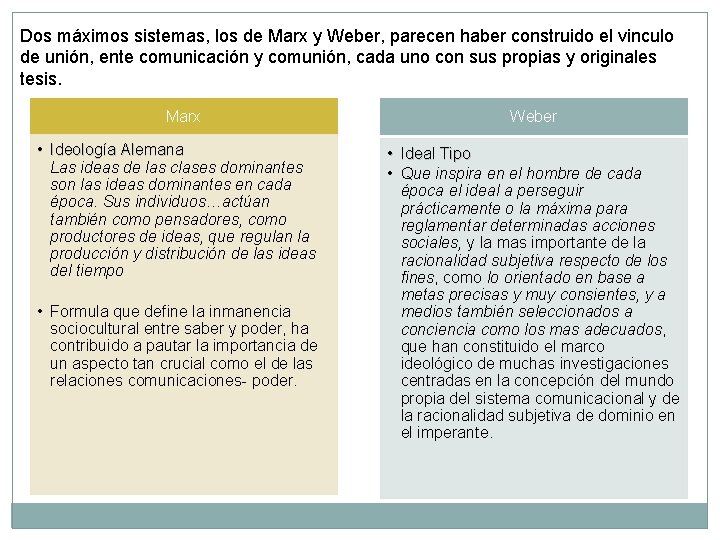 Dos máximos sistemas, los de Marx y Weber, parecen haber construido el vinculo de