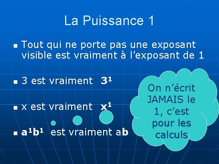 La Puissance 1 n Tout qui ne porte pas une exposant visible est vraiment