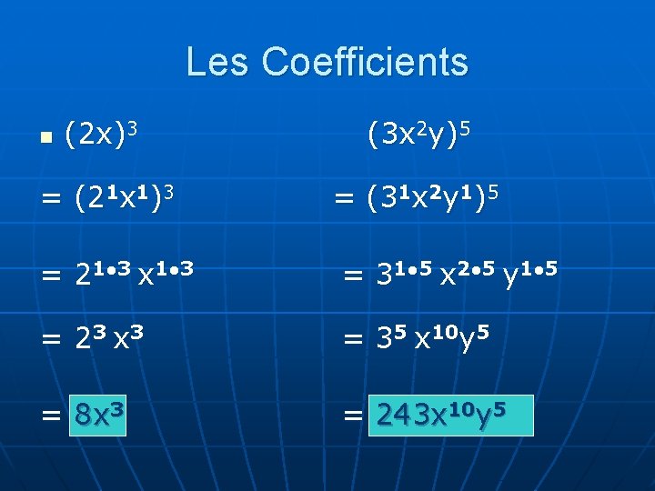 Les Coefficients (2 x)3 (3 x 2 y)5 = (21 x 1)3 = (31