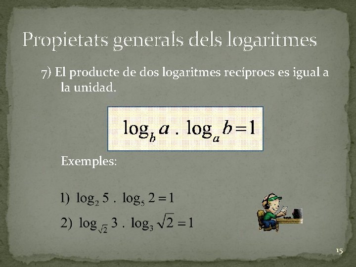 Propietats generals dels logaritmes 7) El producte de dos logaritmes recíprocs es igual a