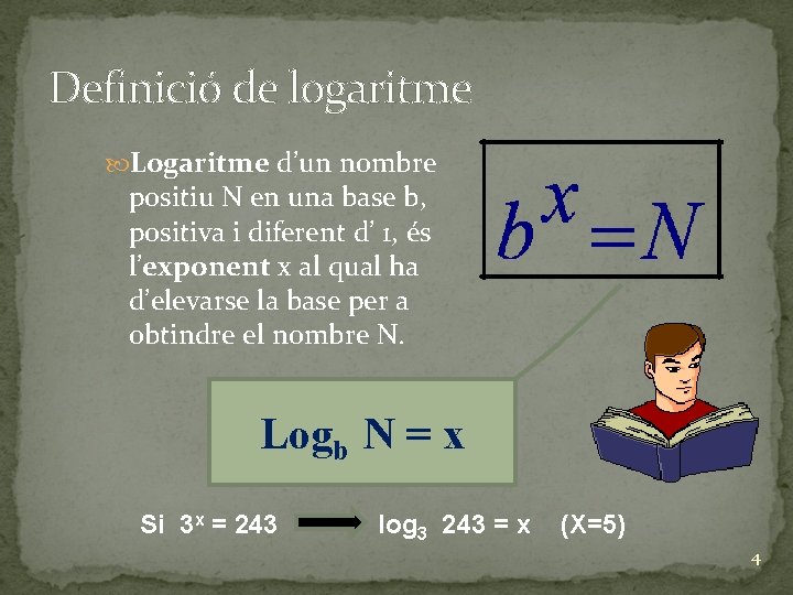 Definició de logaritme Logaritme d’un nombre positiu N en una base b, positiva i