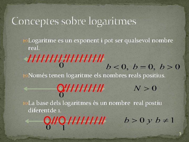 Conceptes sobre logaritmes Logaritme es un exponent i pot ser qualsevol nombre real. Només