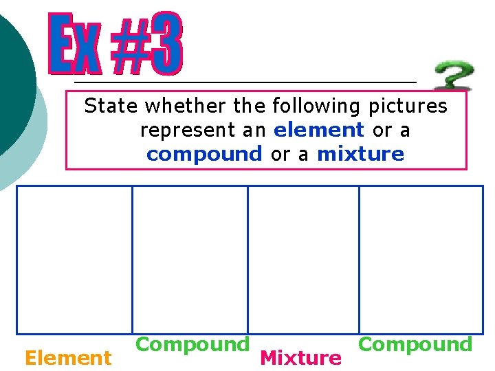 State whether the following pictures represent an element or a compound or a mixture