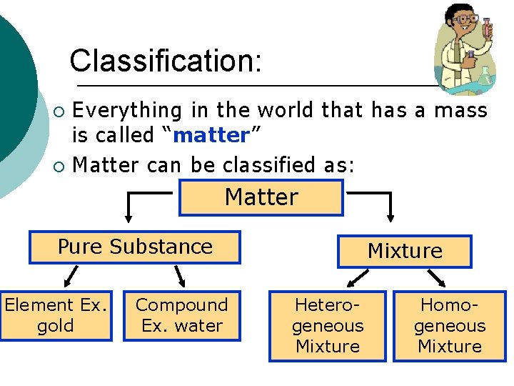 Classification: Everything in the world that has a mass is called “matter” ¡ Matter