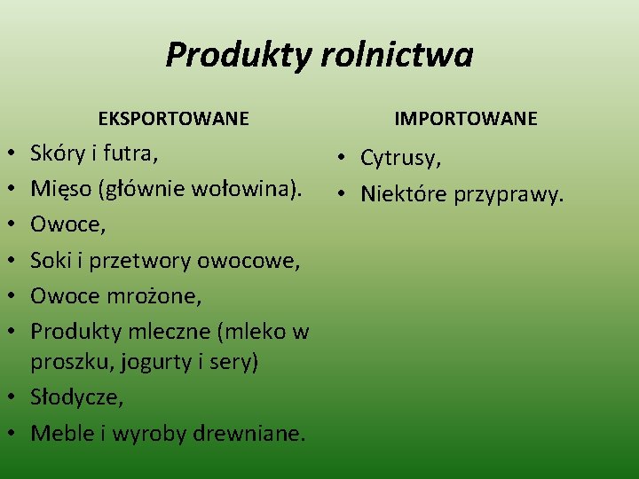 Produkty rolnictwa EKSPORTOWANE Skóry i futra, Mięso (głównie wołowina). Owoce, Soki i przetwory owocowe,