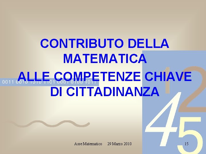 CONTRIBUTO DELLA MATEMATICA ALLE COMPETENZE CHIAVE DI CITTADINANZA Asse Matematico 29 Marzo 2010 15