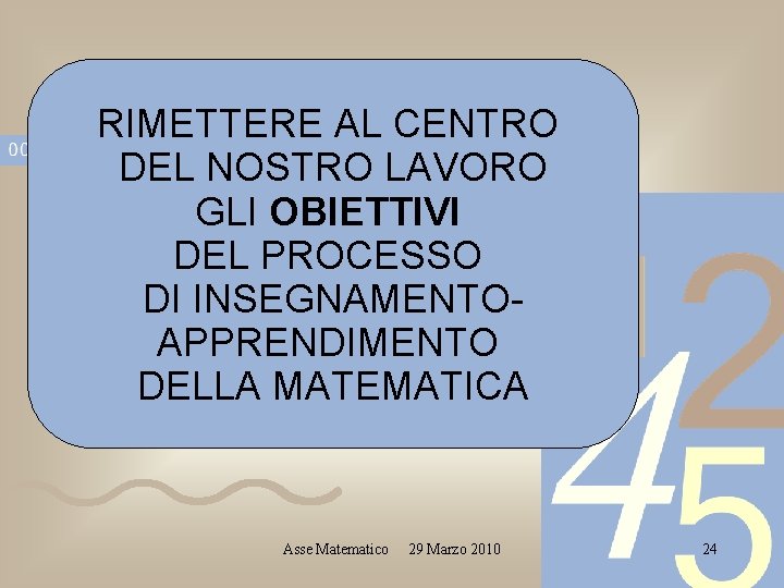 RIMETTERE AL CENTRO DEL NOSTRO LAVORO GLI OBIETTIVI DEL PROCESSO DI INSEGNAMENTOAPPRENDIMENTO DELLA MATEMATICA