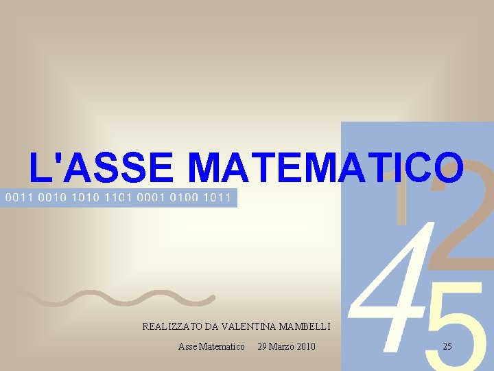 L'ASSE MATEMATICO REALIZZATO DA VALENTINA MAMBELLI Asse Matematico 29 Marzo 2010 25 