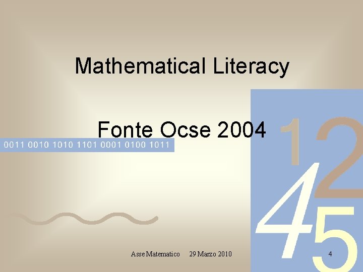 Mathematical Literacy Fonte Ocse 2004 Asse Matematico 29 Marzo 2010 4 