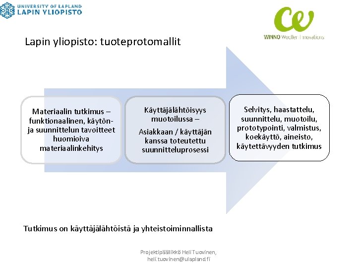 Lapin yliopisto: tuoteprotomallit Materiaalin tutkimus – funktionaalinen, käytönja suunnittelun tavoitteet huomioiva materiaalinkehitys Käyttäjälähtöisyys muotoilussa