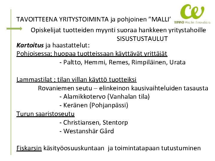 TAVOITTEENA YRITYSTOIMINTA ja pohjoinen ”MALLI” Opiskelijat tuotteiden myynti suoraa hankkeen yritystahoille SISUSTUSTAULUT Kartoitus ja