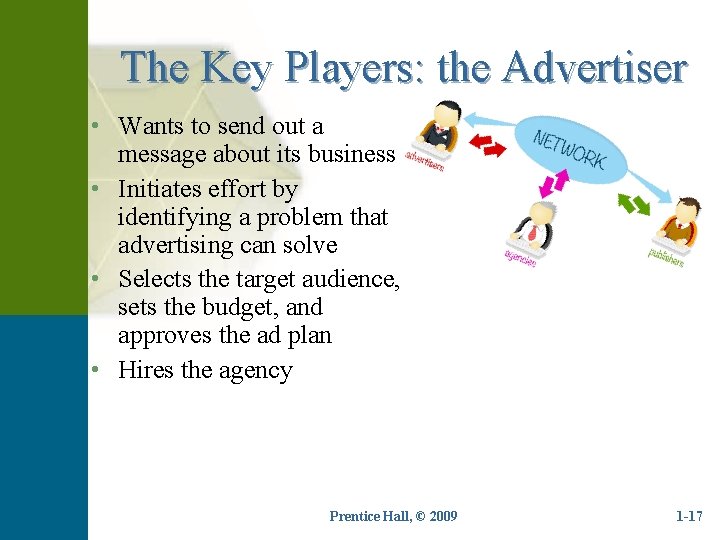 The Key Players: the Advertiser • Wants to send out a message about its