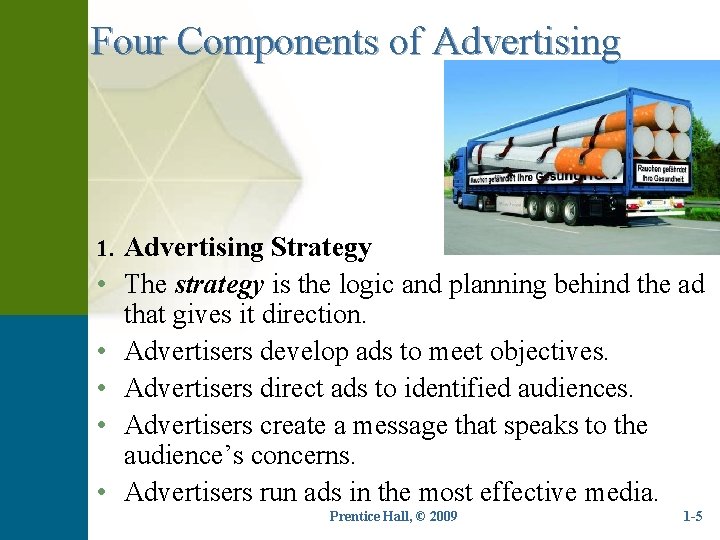 Four Components of Advertising 1. Advertising Strategy • The strategy is the logic and