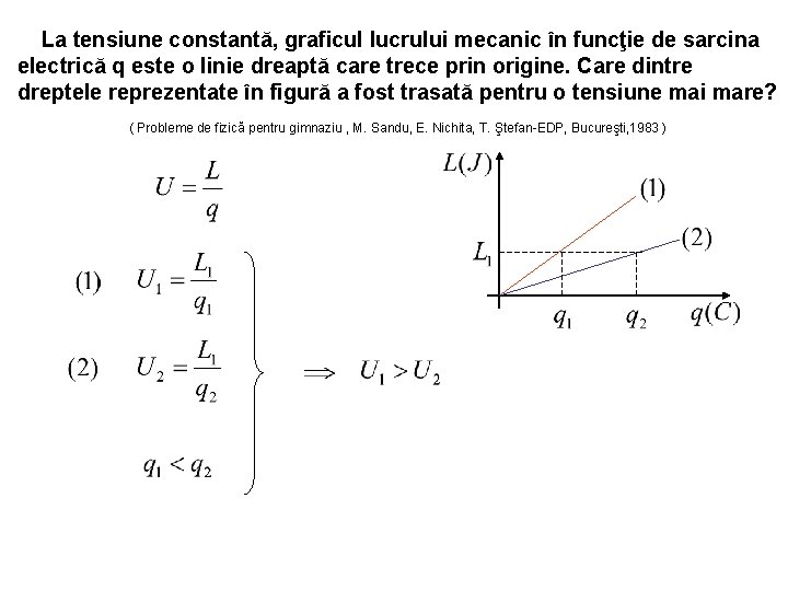 La tensiune constantă, graficul lucrului mecanic în funcţie de sarcina electrică q este o