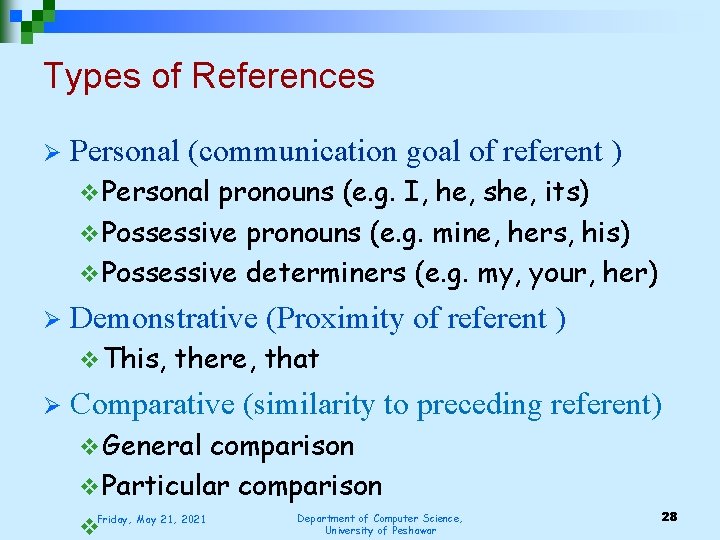 Types of References Ø Personal (communication goal of referent ) v Personal pronouns (e.