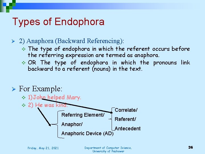 Types of Endophora Ø 2) Anaphora (Backward Referencing): The type of endophora in which