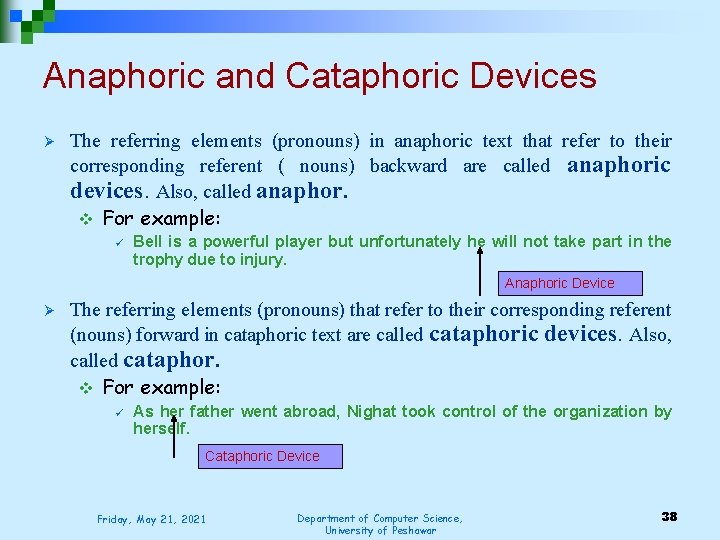 Anaphoric and Cataphoric Devices Ø The referring elements (pronouns) in anaphoric text that refer